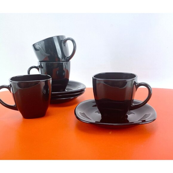 Vintage 1980s demitasses and saucers set, square black glass, Arcoroc France - Picture 1 of 10